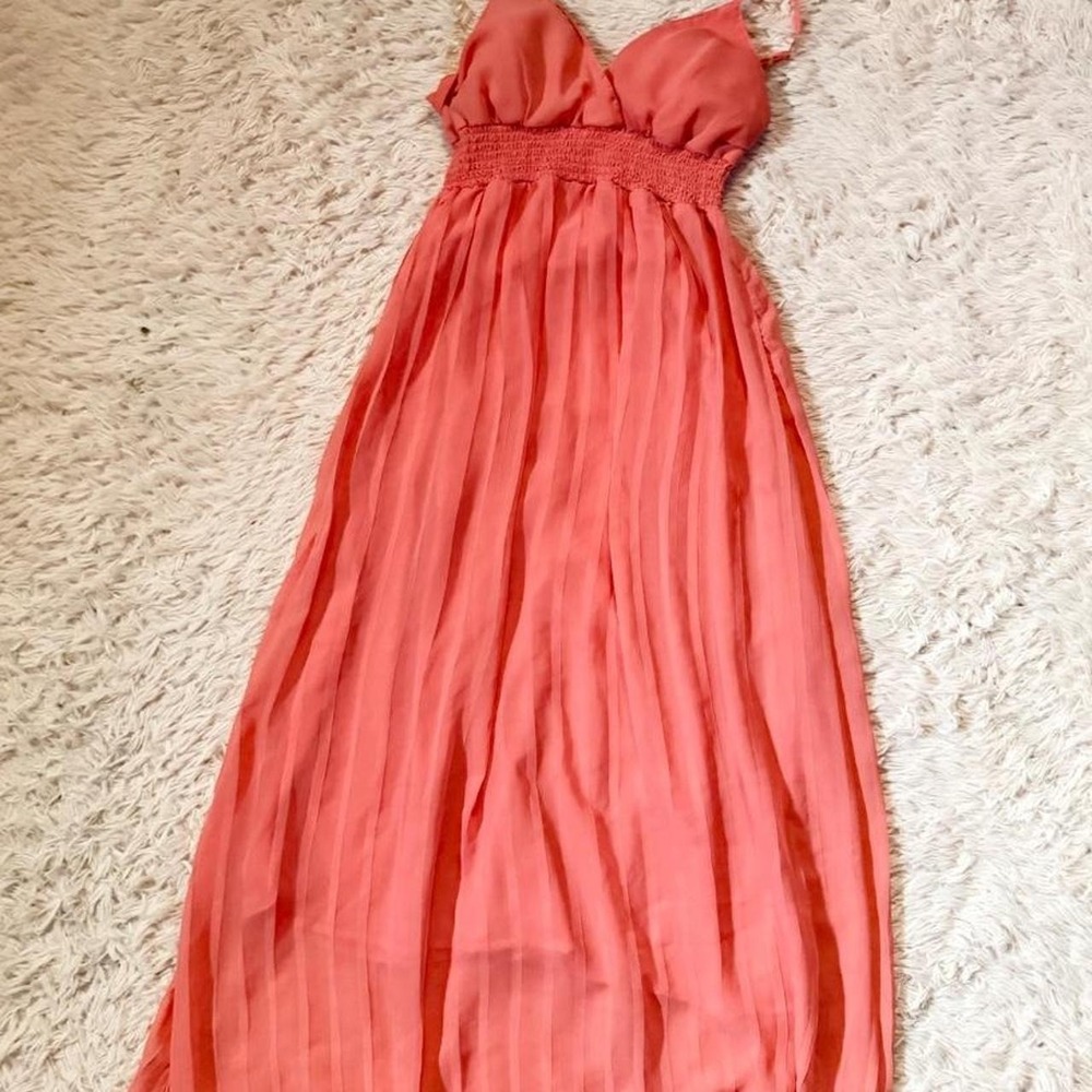 Vintage Y2K Pleated Flowy Coral Smocked Lagenlook Goddess Dress Womens XL Whimsy